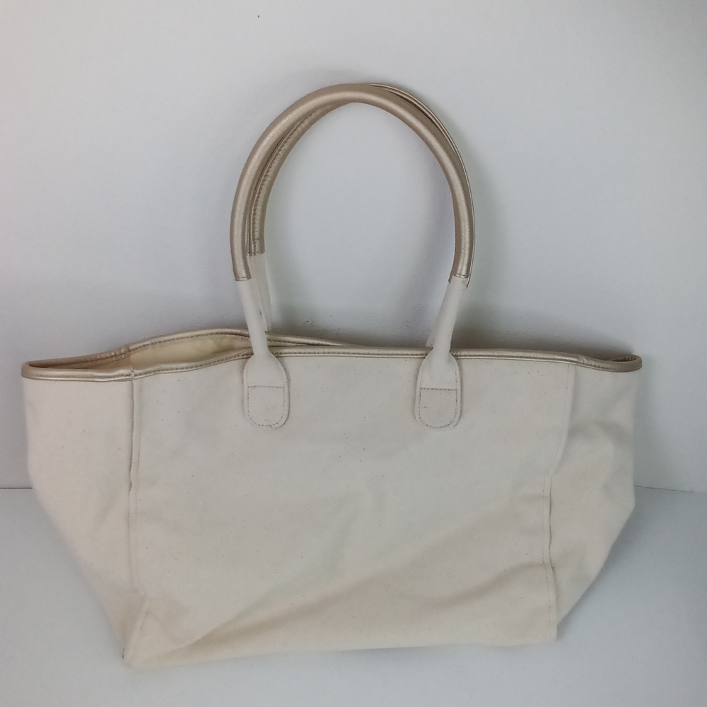 Ralph Lauren Cream Canvas Tote Bag Gold Vegan Leather NWOT - Picture 6 of 10